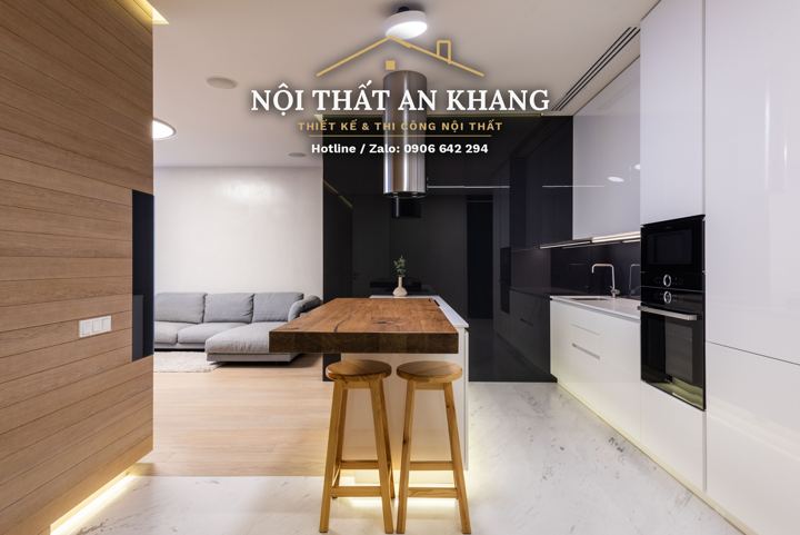 Bếp trắng – đen, đảo gỗ – góc 2