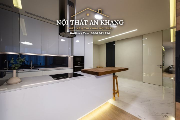 Bếp trắng – đen, đảo gỗ – góc 4