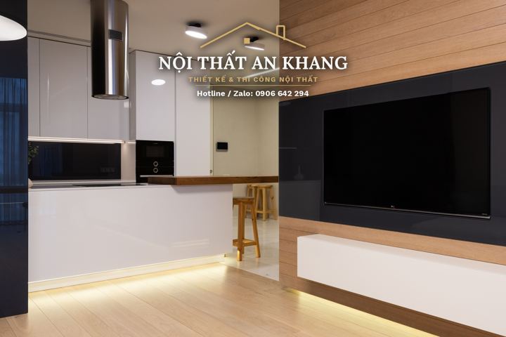 Bếp trắng – đen, đảo gỗ – góc 5