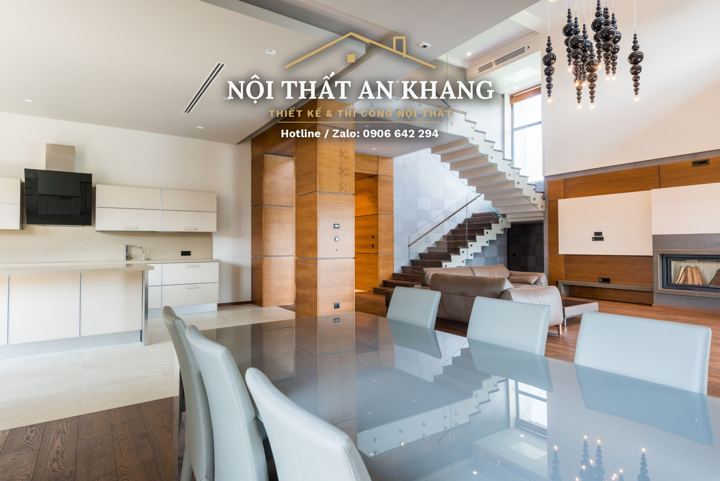 Bếp biệt thự hồ bơi – đảo inox – góc 3