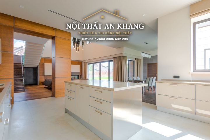 Bếp biệt thự hồ bơi – đảo inox – góc 4