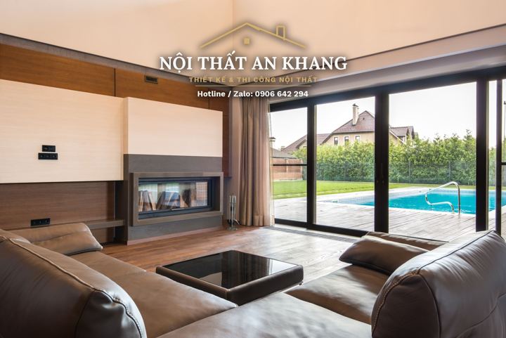 Phòng khách biệt thự hồ bơi – lò sưởi – góc 3