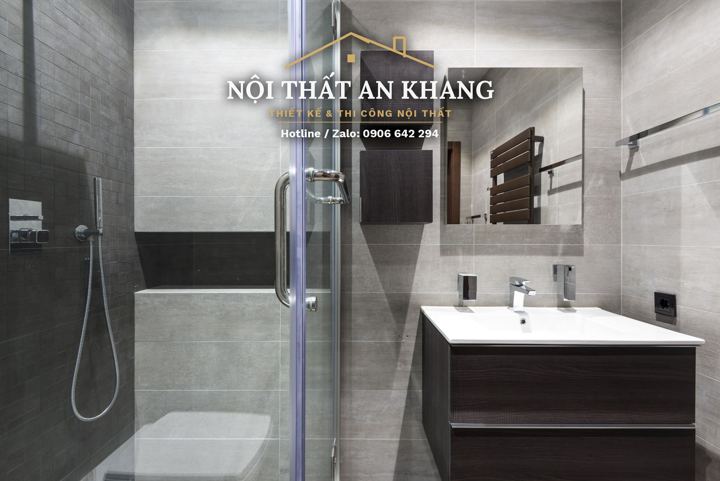 Phòng tắm biệt thự – tủ lavabo gỗ tối – mẫu thiết kế nội thất biệt thự
