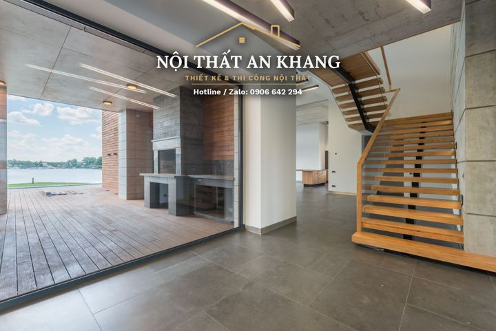 Cầu thang gỗ & sảnh biệt thự ven hồ – mẫu thiết kế nội thất biệt thự