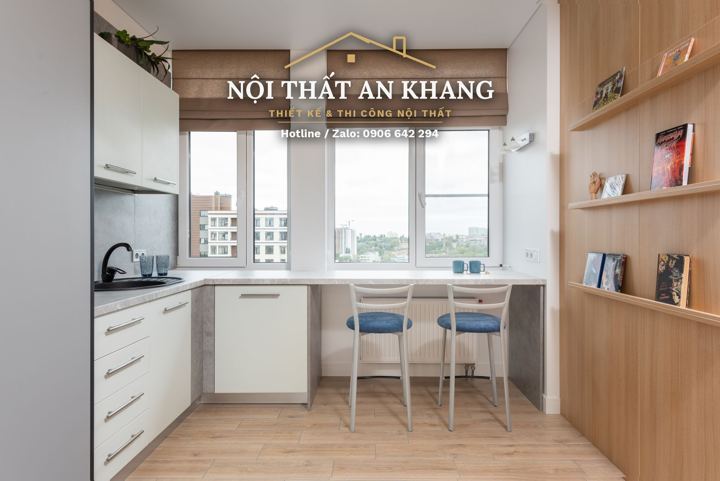 Căn hộ nhỏ gỗ sồi vàng – phòng khách & bếp – góc 3