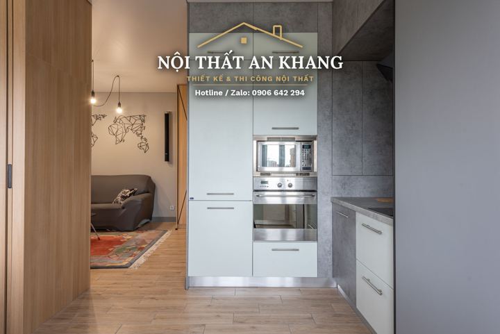 Căn hộ nhỏ gỗ sồi vàng – phòng khách & bếp – góc 6