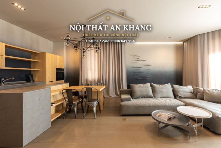Phòng khách – bếp căn hộ gỗ sồi – góc 3