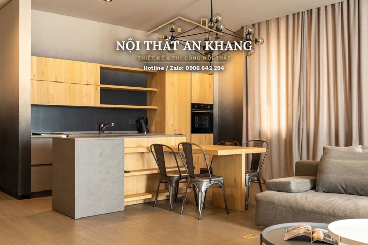 Phòng khách – bếp căn hộ gỗ sồi – góc 4