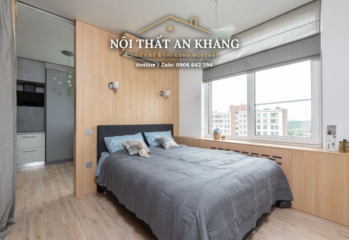 Phòng ngủ gỗ sồi vàng – tủ áo mở, vách đầu giường ốp gỗ – góc 2
