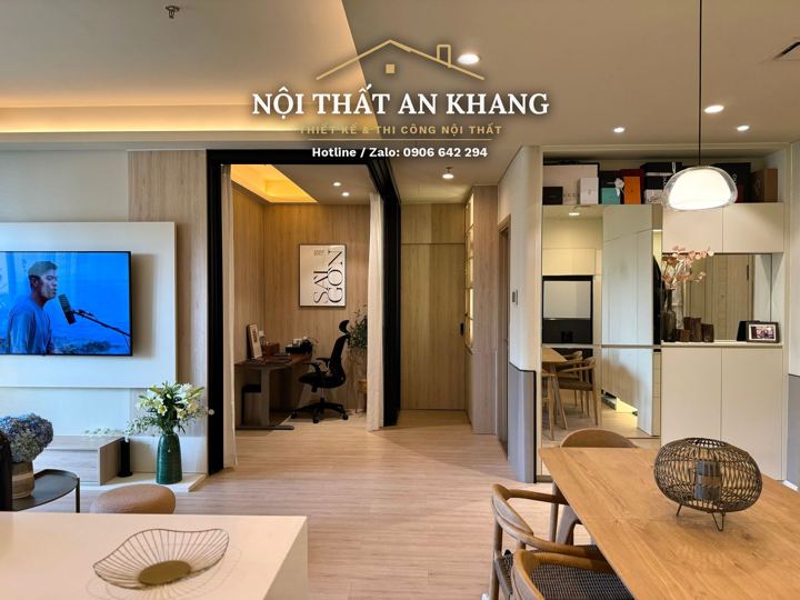 Căn hộ Japandi gỗ sồi – phòng khách, bếp, bàn ăn – góc 7