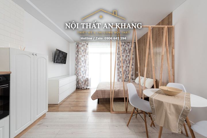 Căn hộ studio Japandi – vách lam gỗ sồi ngăn phòng ngủ – góc 6