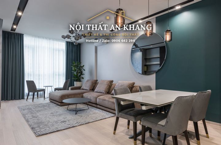 Phòng khách liền bếp căn hộ tường xanh – mẫu thiết kế nội thất căn hộ