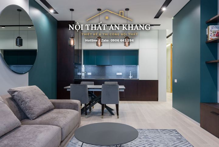 Phòng khách liền bếp căn hộ tường xanh – góc 10