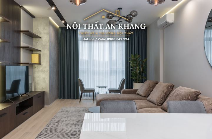 Phòng khách liền bếp căn hộ tường xanh – góc 3