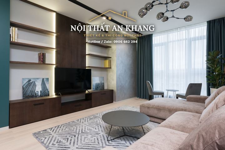 Phòng khách liền bếp căn hộ tường xanh – góc 5