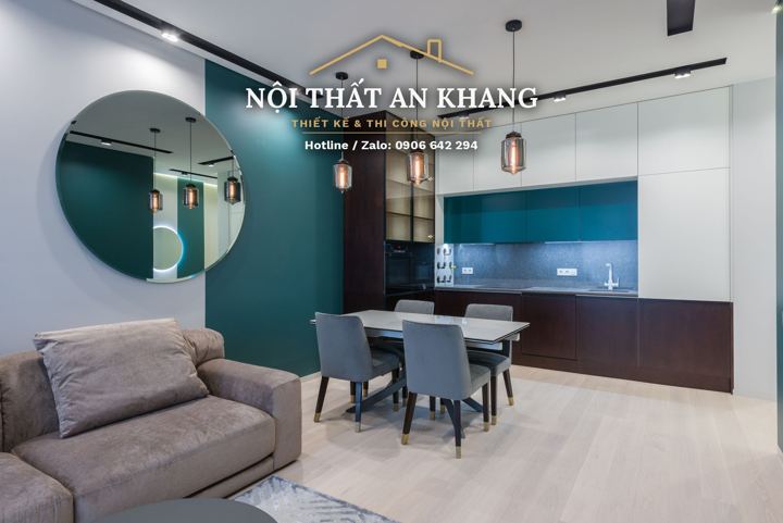 Phòng khách liền bếp căn hộ tường xanh – góc 9
