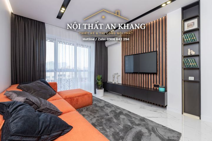 Căn hộ gỗ ấm – vách lam gỗ, bếp và bàn ăn – góc 9