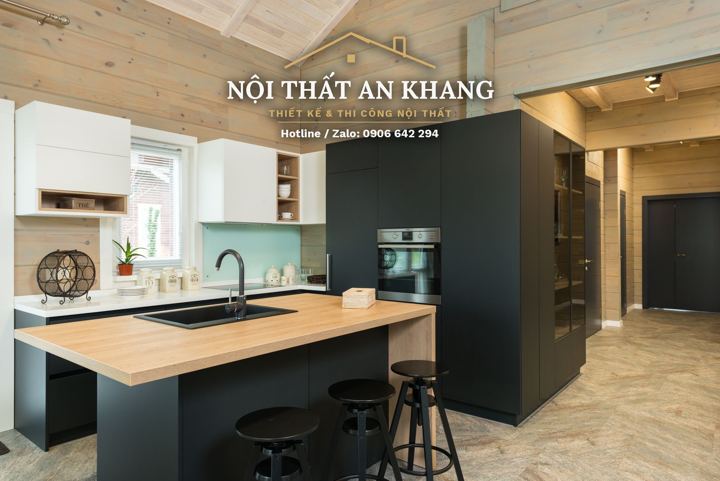 Bếp & bàn ăn nhà phố – tủ đen phối gỗ – góc 10