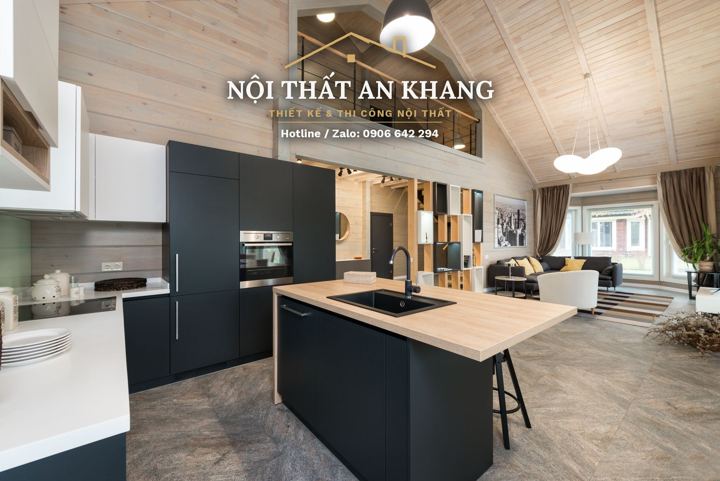 Bếp & bàn ăn nhà phố – tủ đen phối gỗ – góc 8