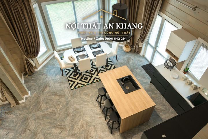 Phòng khách nhà phố ốp gỗ – gác lửng – góc 10