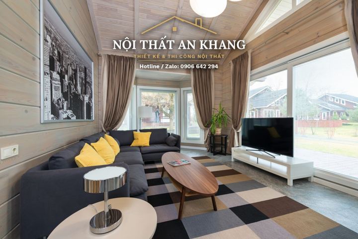 Phòng khách nhà phố ốp gỗ – gác lửng – góc 2