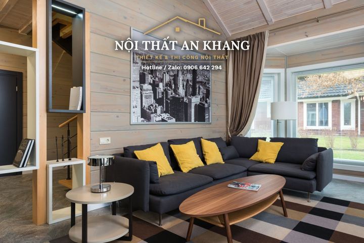 Phòng khách nhà phố ốp gỗ – gác lửng – góc 3
