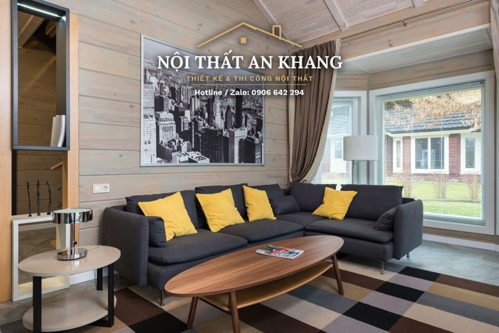 Phòng khách nhà phố ốp gỗ – gác lửng – góc 4