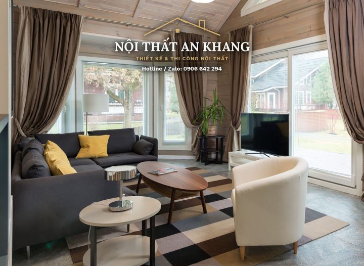 Phòng khách nhà phố ốp gỗ – gác lửng – góc 6