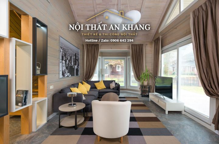 Phòng khách nhà phố ốp gỗ – gác lửng – góc 7