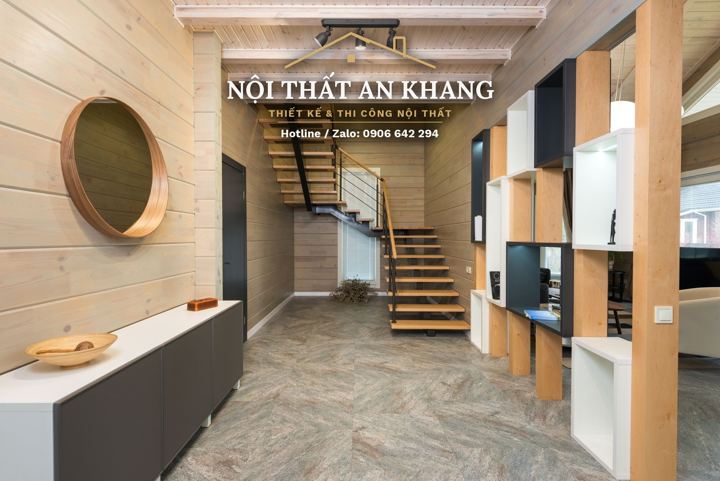 Sảnh & cầu thang nhà phố ốp gỗ – mẫu thiết kế nội thất nhà phố
