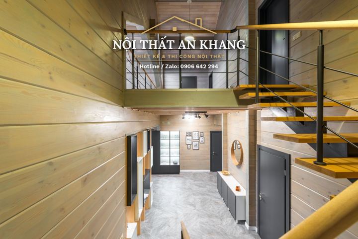 Sảnh & cầu thang nhà phố ốp gỗ – góc 3