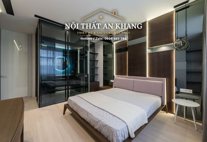 Phòng ngủ có phòng thay đồ vách kính – mẫu thiết kế Nội Thất An Khang